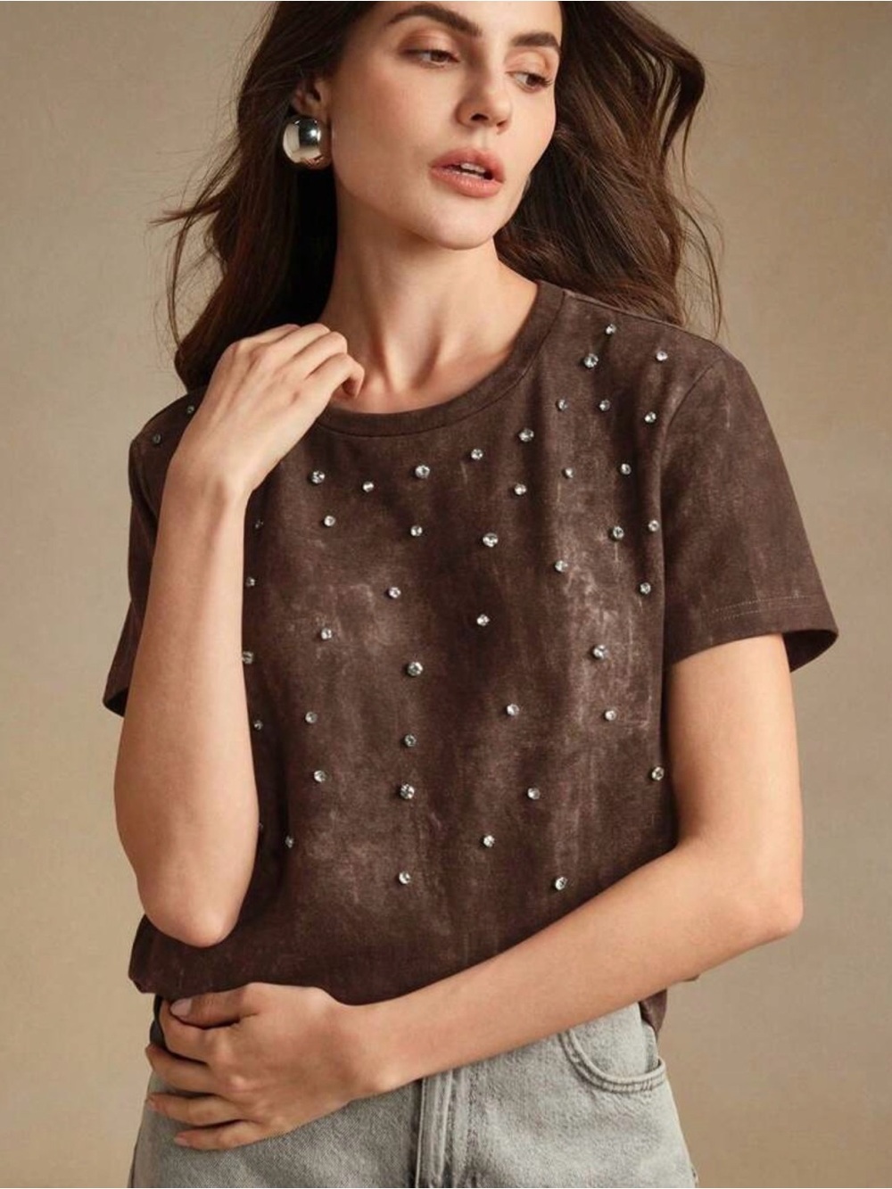Rhinestone Embellished Brown Short Sleeve T-shirt